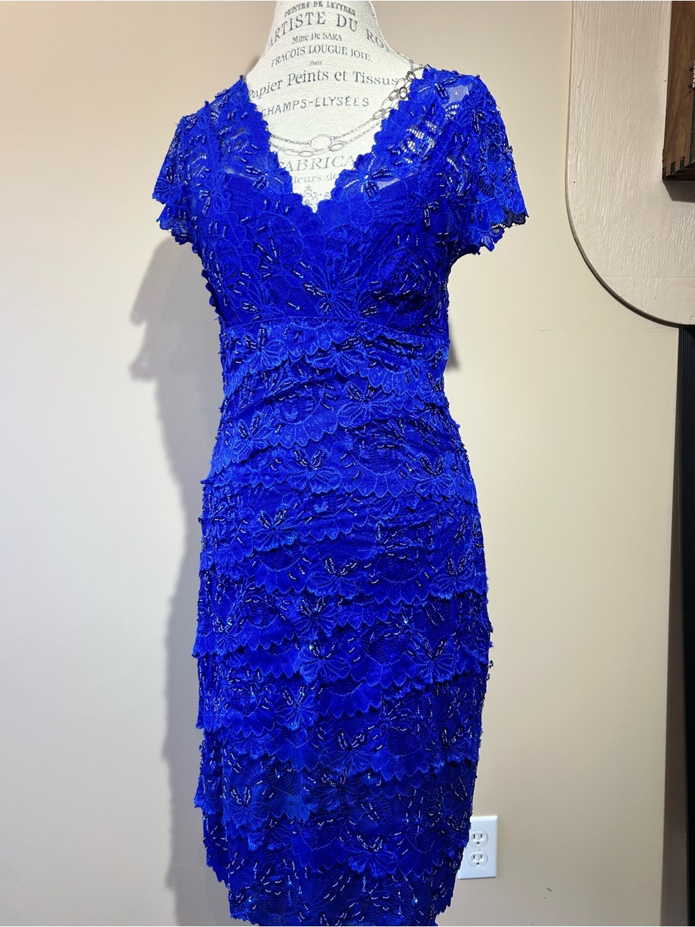 Lace V-Neck Beaded Midi Dress, Royal Blue, size medium